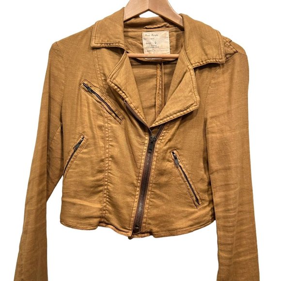 Free People Jackets & Blazers - Free People Women Moto Jacket Linen Blend Size XS 2 Mustard Brown